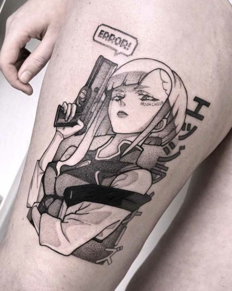 Tatouage manga Cyberpunk Edgrunner par Neko, artiste tatoueur à Genève